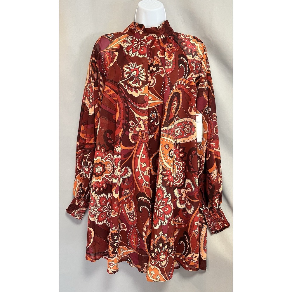 Aura Paisley‎ Print Shift Boho Mini Dress Sz Small Balloon Sleeve NWT Fit Flare
